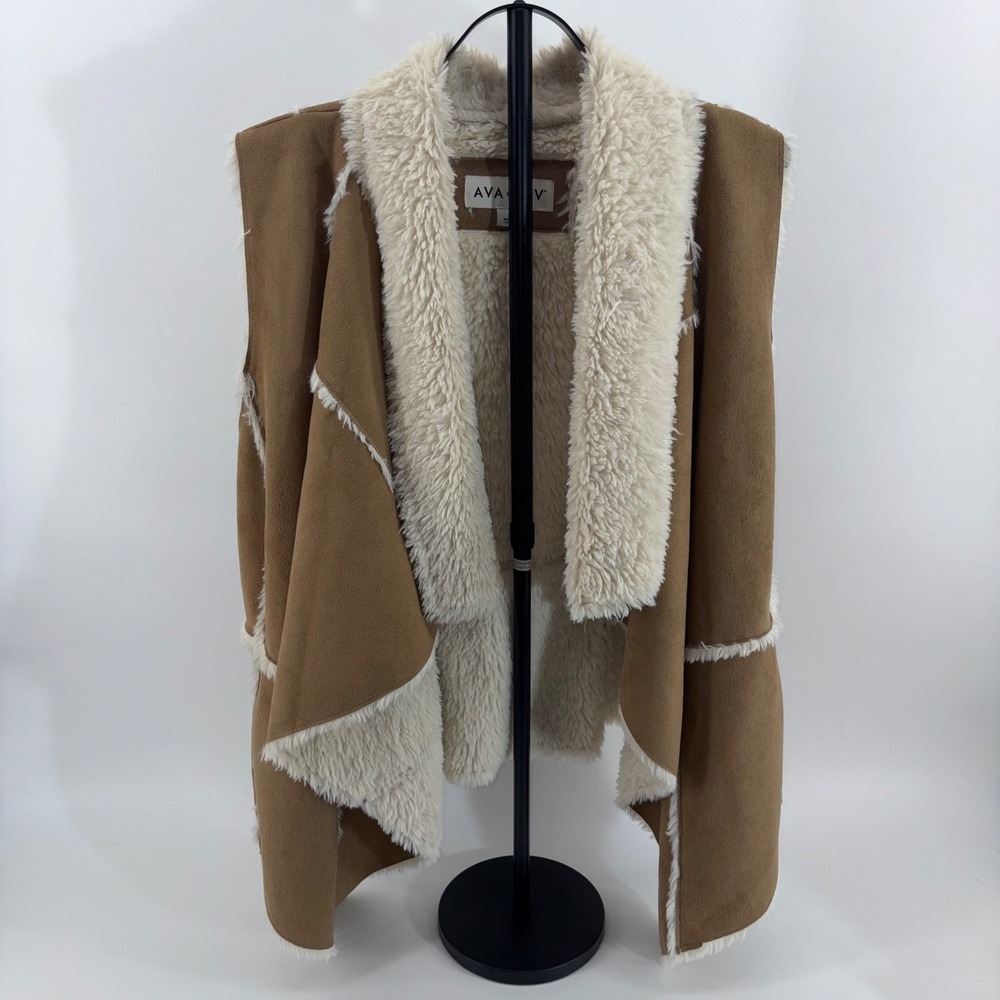 Ava & Viv Womens Tan Faux Suede Shearling Draped Open Front Vest Size X